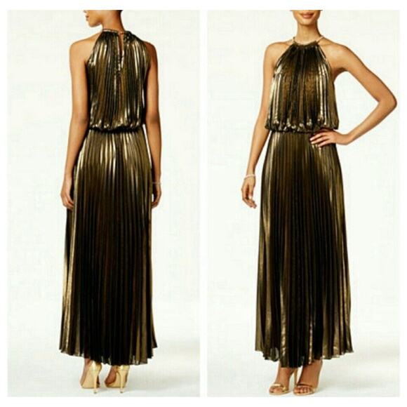 MSK Dresses & Skirts - MSK GOLD Metallic Halter FORMAL GOWN Blouson Maxi 80s Dress 12